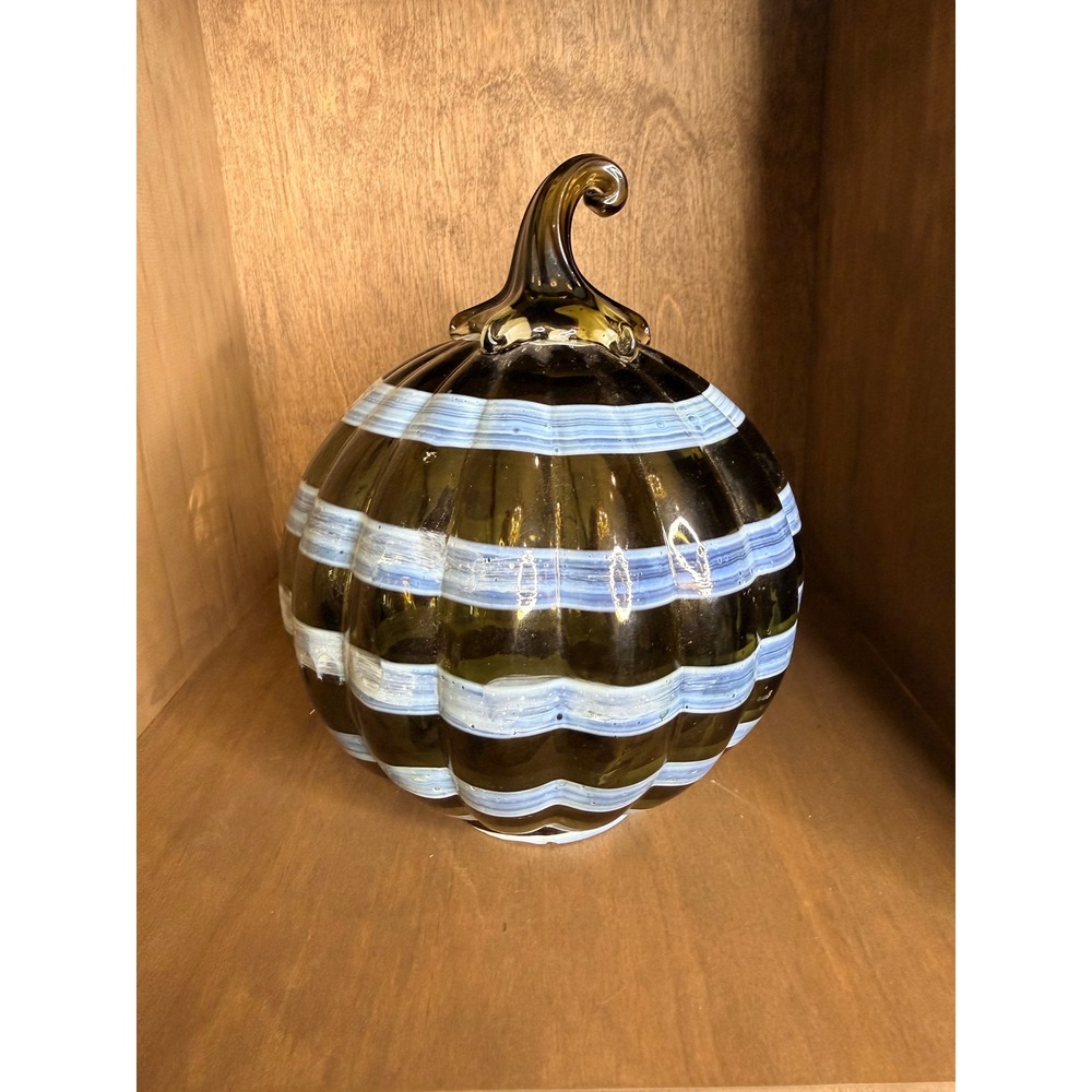 New Anthropologie Striped Glass Pumpkin Decorative Gourd Smoked Green Blue Swirl